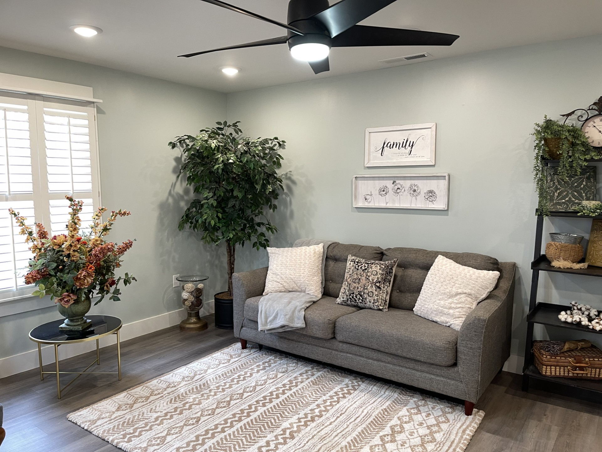 Living room after rescue — rearranged and balanced